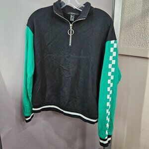 Forever 21 Sweatshirt S Rose Black Green Checker Flag 1/4 Zip Collar Pull Over